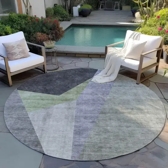 8' Sage Green And Charcoal Round Abstract Washable Indoor Outdoor Area Rug Photo 6