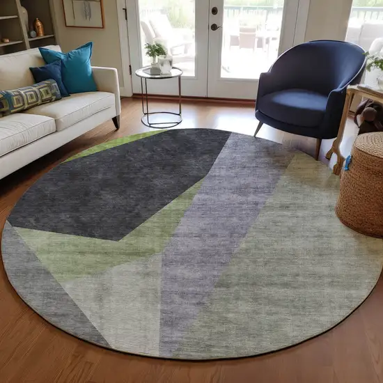 8' Sage Green And Charcoal Round Abstract Washable Indoor Outdoor Area Rug Photo 7