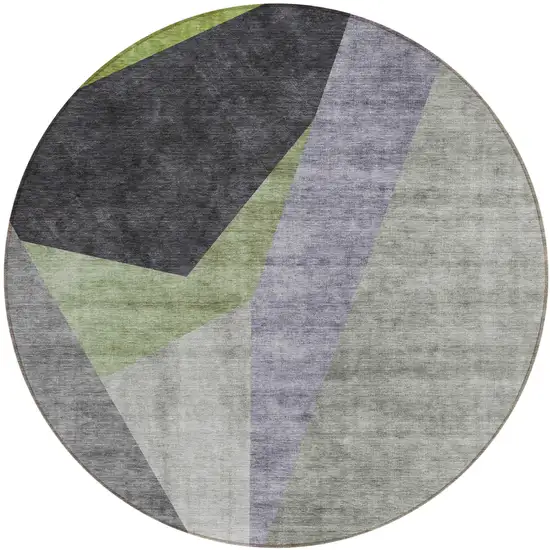 8' Sage Green And Charcoal Round Abstract Washable Indoor Outdoor Area Rug Photo 1