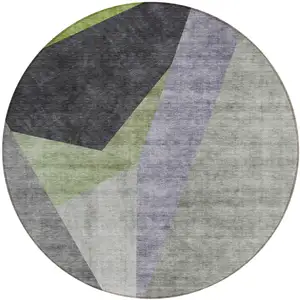 Photo of 8' Sage Green And Charcoal Round Abstract Washable Indoor Outdoor Area Rug