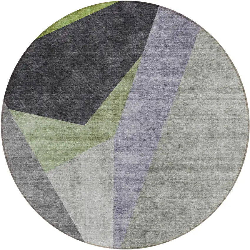 8' Sage Green And Charcoal Round Abstract Washable Indoor Outdoor Area Rug Photo 1