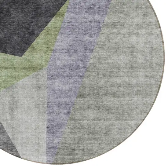 8' Sage Green And Charcoal Round Abstract Washable Indoor Outdoor Area Rug Photo 4