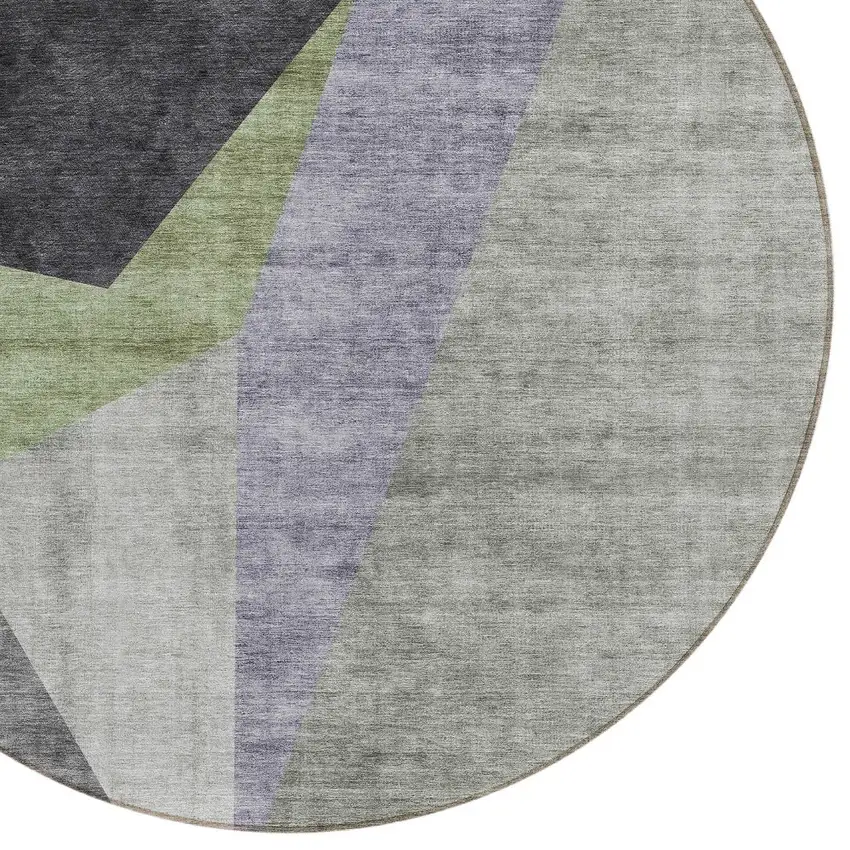 8' Sage Green And Charcoal Round Abstract Washable Indoor Outdoor Area Rug Photo 4