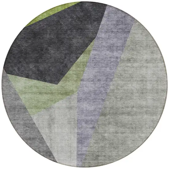 8' Sage Green And Charcoal Round Abstract Washable Indoor Outdoor Area Rug Photo 5