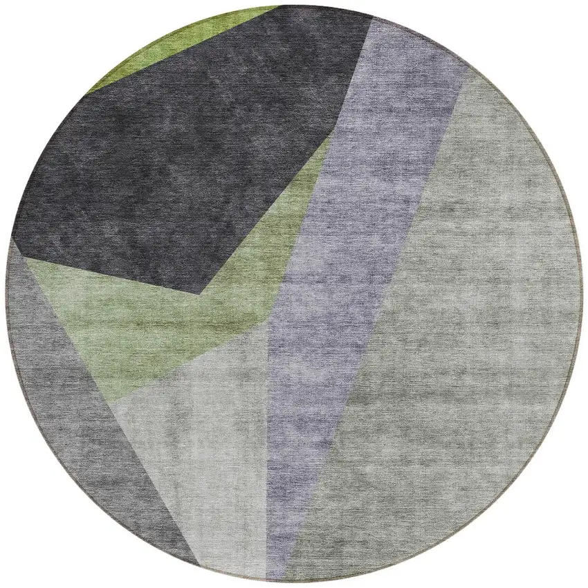 8' Sage Green And Charcoal Round Abstract Washable Indoor Outdoor Area Rug Photo 5