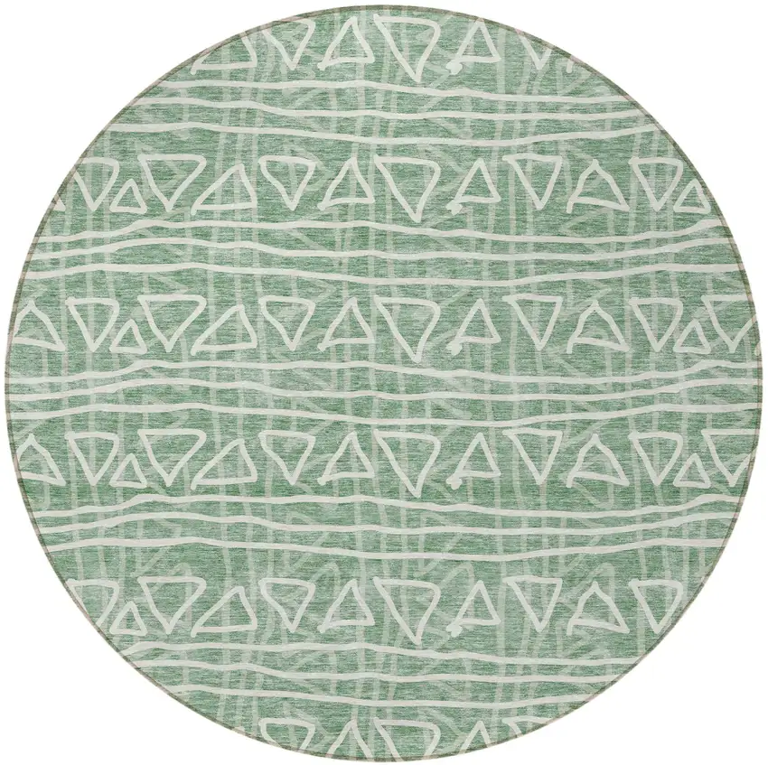 8' Sage Green And Ivory Round Geometric Washable Indoor Outdoor Area Rug Photo 4