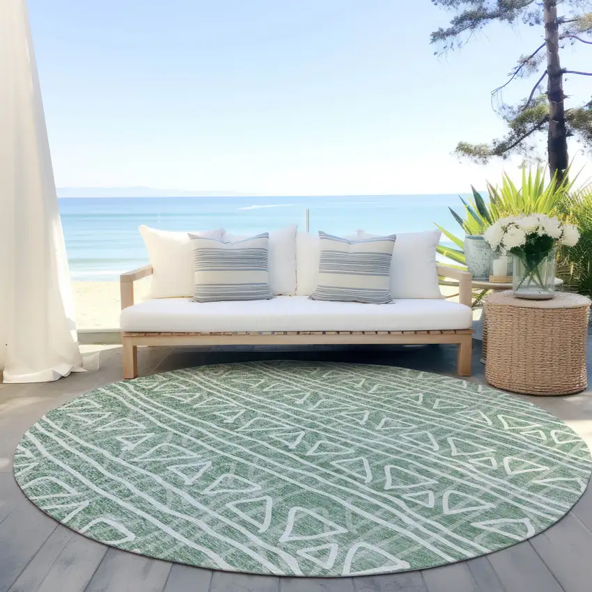 8' Sage Green And Ivory Round Geometric Washable Indoor Outdoor Area Rug Photo 6