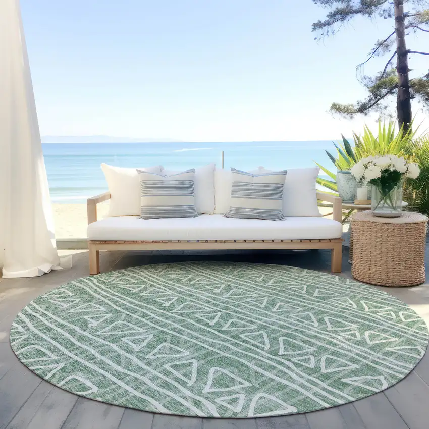 8' Sage Green And Ivory Round Geometric Washable Indoor Outdoor Area Rug Photo 6