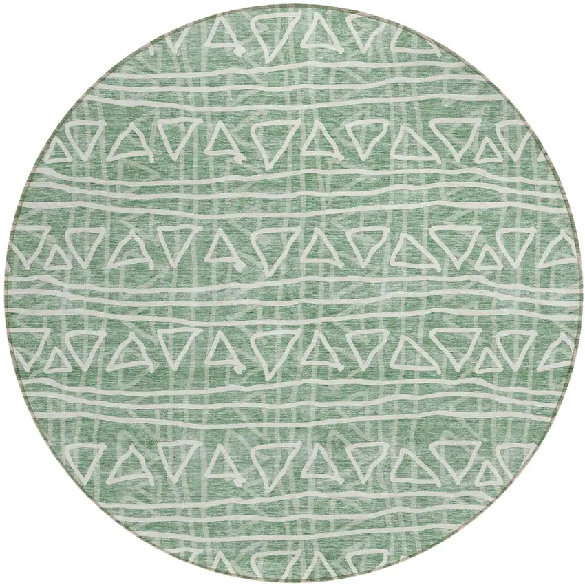 8' Sage Green And Ivory Round Geometric Washable Indoor Outdoor Area Rug Photo 1