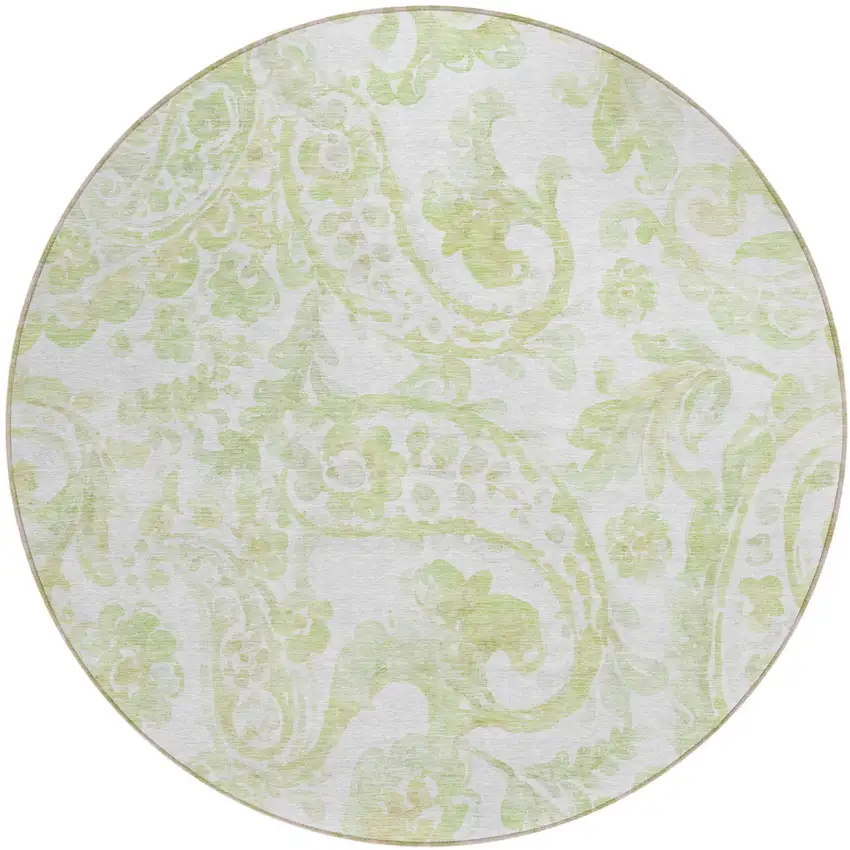 8' Sage Green And Ivory Round Paisley Washable Indoor Outdoor Area Rug Photo 2