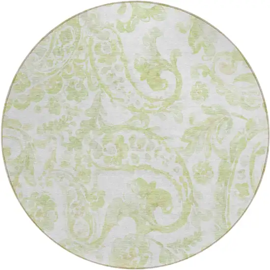 8' Sage Green And Ivory Round Paisley Washable Indoor Outdoor Area Rug Photo 2
