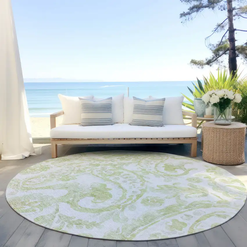 8' Sage Green And Ivory Round Paisley Washable Indoor Outdoor Area Rug Photo 6