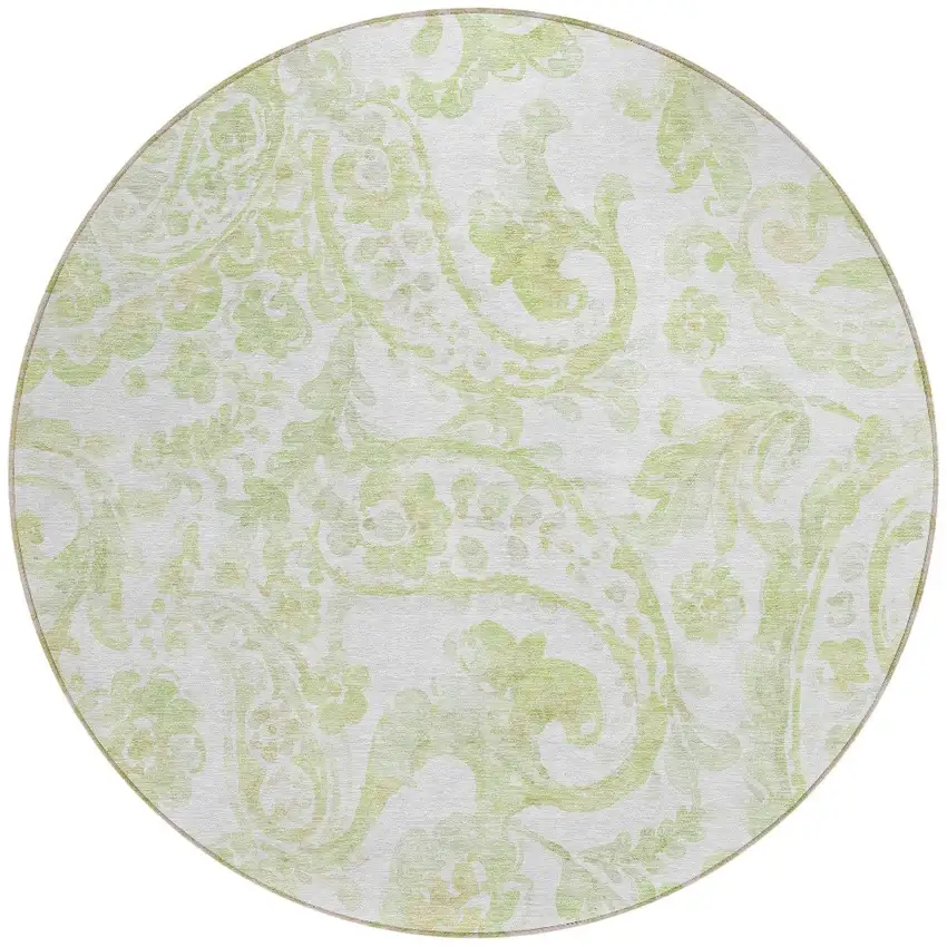 8' Sage Green And Ivory Round Paisley Washable Indoor Outdoor Area Rug Photo 5