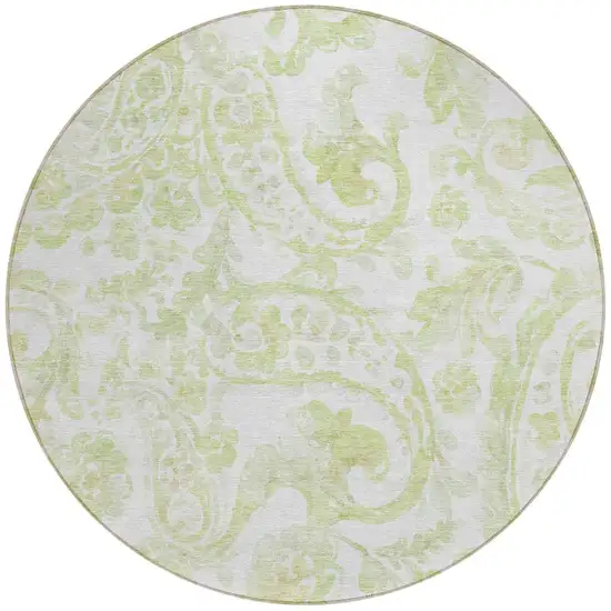 8' Sage Green And Ivory Round Paisley Washable Indoor Outdoor Area Rug Photo 5
