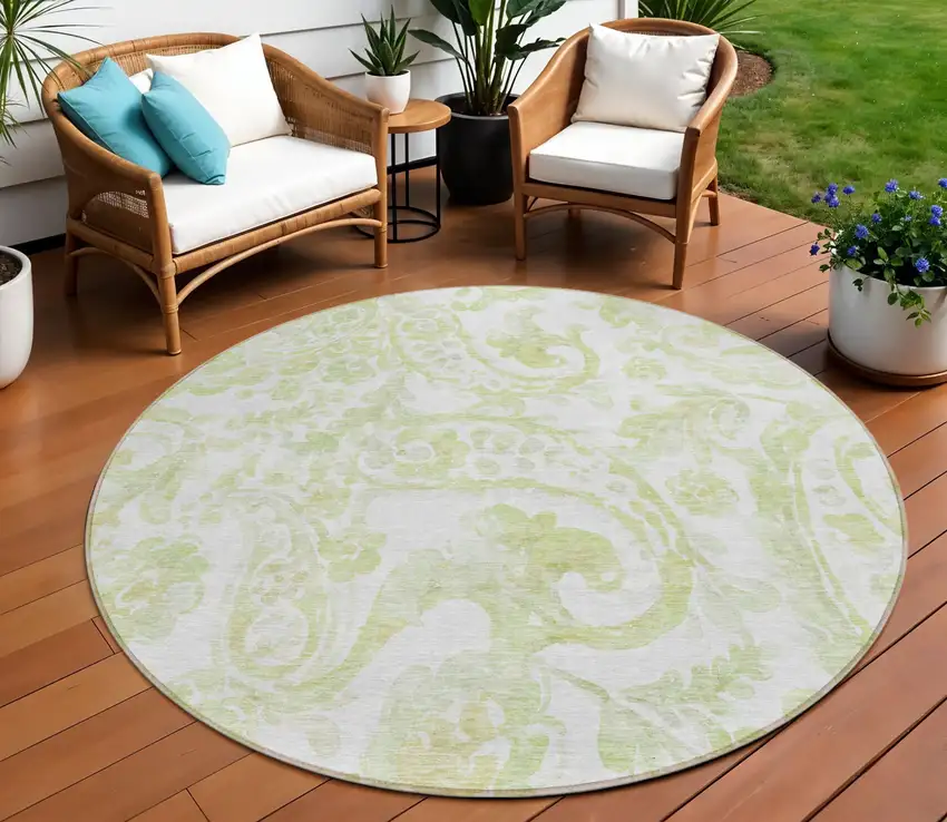 8' Sage Green And Ivory Round Paisley Washable Indoor Outdoor Area Rug Photo 1