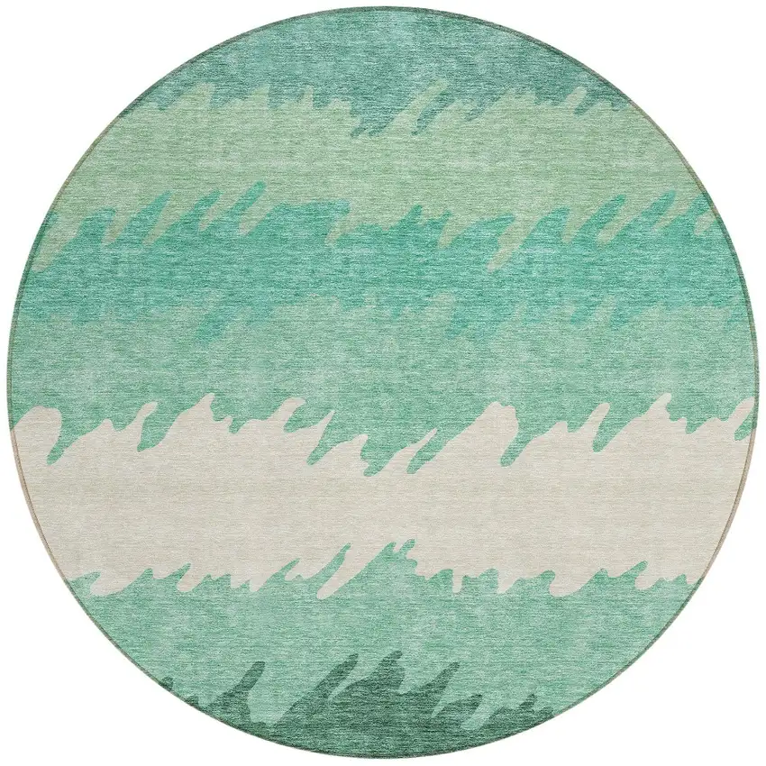 8' Sage Green And Ivory Round Striped Washable Indoor Outdoor Area Rug Photo 5