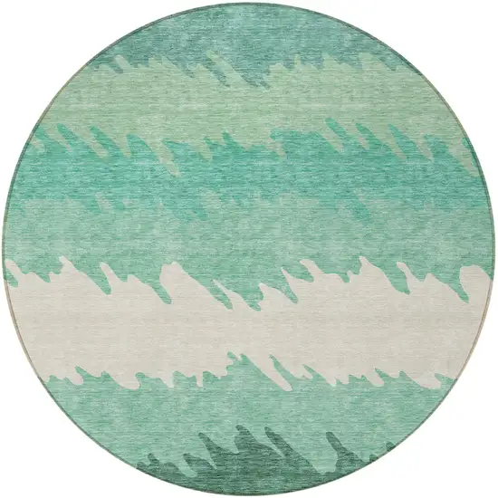 8' Sage Green And Ivory Round Striped Washable Indoor Outdoor Area Rug Photo 6