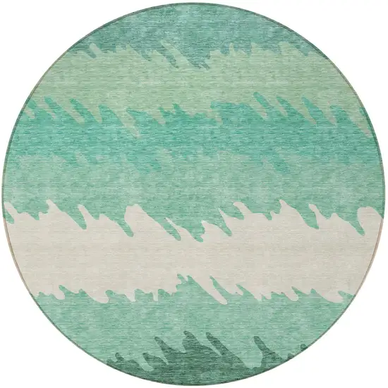 8' Sage Green And Ivory Round Striped Washable Indoor Outdoor Area Rug Photo 6