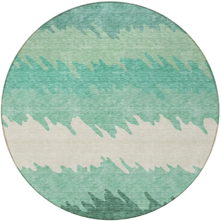 8' Sage Green And Ivory Round Striped Washable Indoor Outdoor Area Rug Photo 6