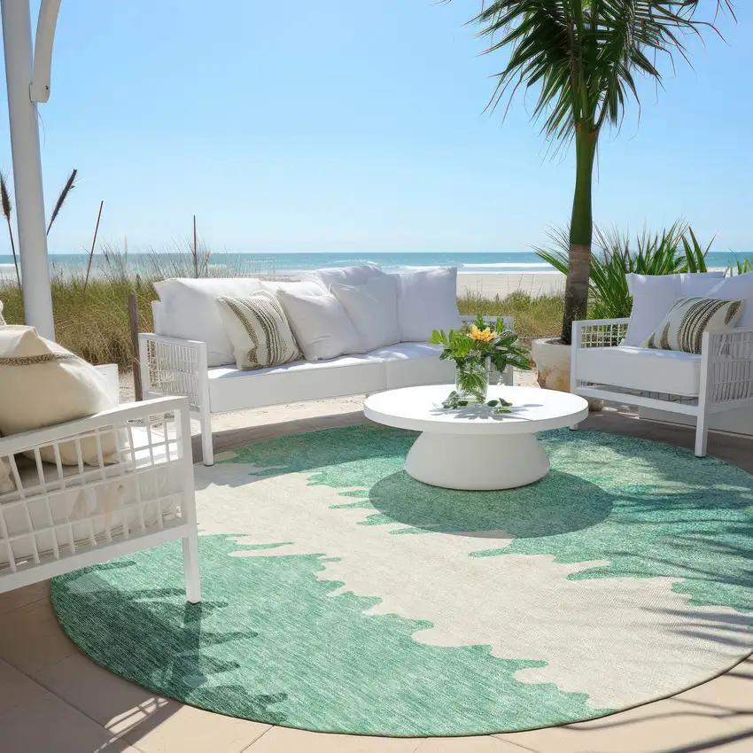 8' Sage Green And Ivory Round Striped Washable Indoor Outdoor Area Rug Photo 7