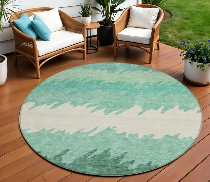 8' Sage Green And Ivory Round Striped Washable Indoor Outdoor Area Rug Photo 1