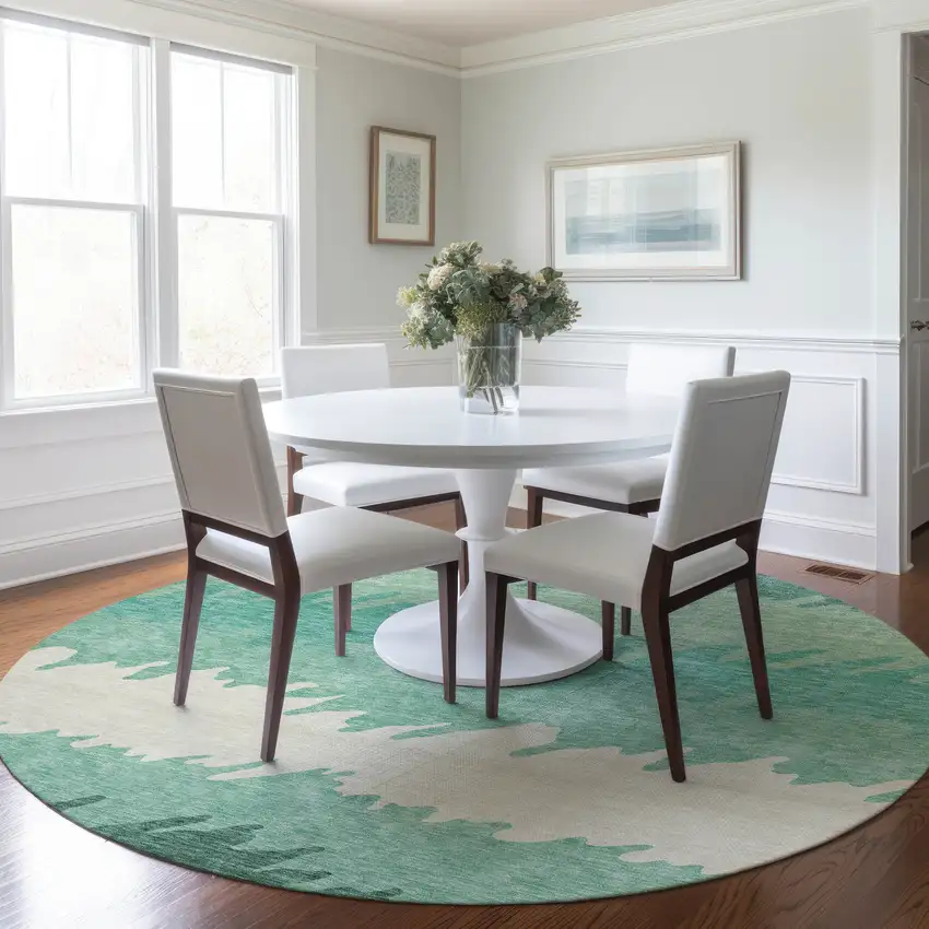 8' Sage Green And Ivory Round Striped Washable Indoor Outdoor Area Rug Photo 8