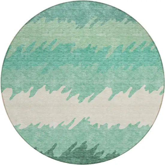 8' Sage Green And Ivory Round Striped Washable Indoor Outdoor Area Rug Photo 1