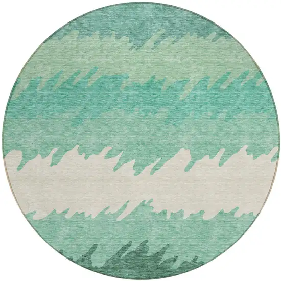8' Sage Green And Ivory Round Striped Washable Indoor Outdoor Area Rug Photo 1