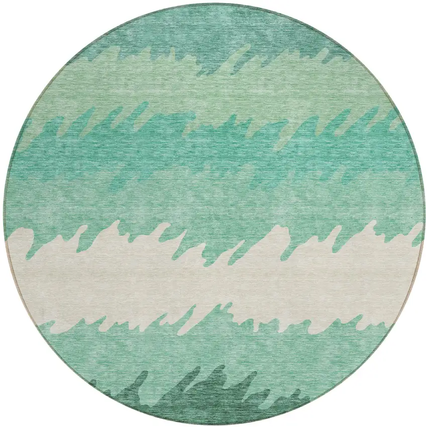 8' Sage Green And Ivory Round Striped Washable Indoor Outdoor Area Rug Photo 1