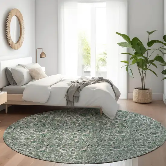 8' Sage Green And Silver Round Floral Washable Indoor Outdoor Area Rug Photo 7