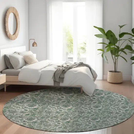 8' Sage Green And Silver Round Floral Washable Indoor Outdoor Area Rug Photo 7