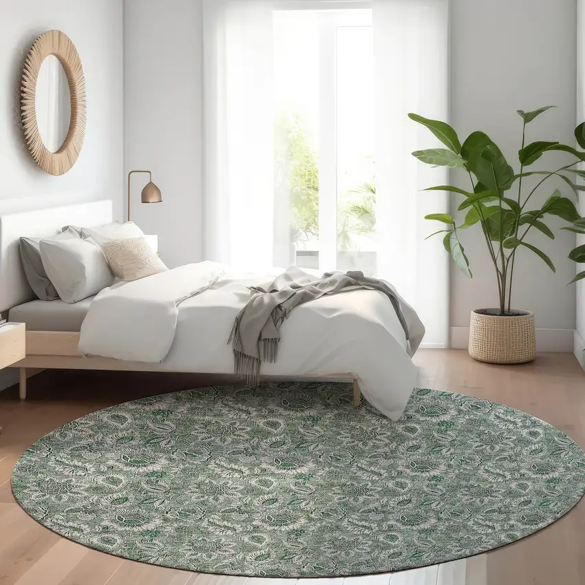 8' Sage Green And Silver Round Floral Washable Indoor Outdoor Area Rug Photo 7
