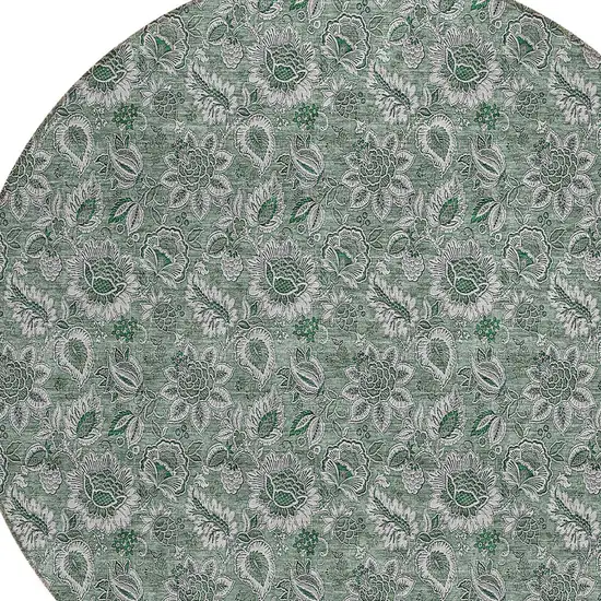 8' Sage Green And Silver Round Floral Washable Indoor Outdoor Area Rug Photo 4