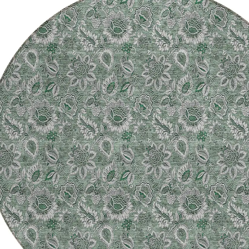 8' Sage Green And Silver Round Floral Washable Indoor Outdoor Area Rug Photo 4