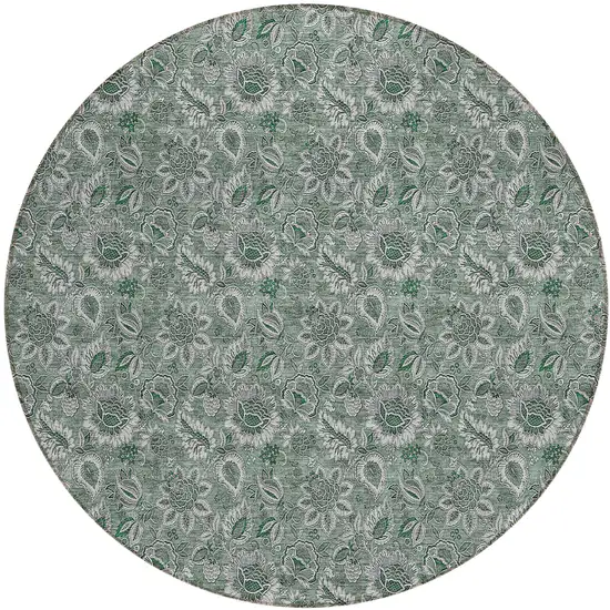 8' Sage Green And Silver Round Floral Washable Indoor Outdoor Area Rug Photo 2