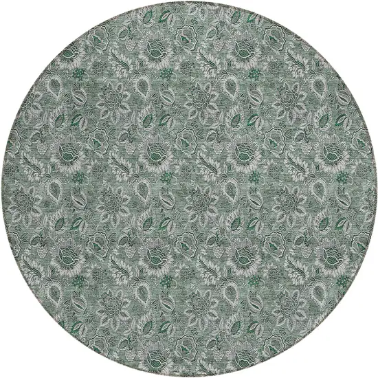 8' Sage Green And Silver Round Floral Washable Indoor Outdoor Area Rug Photo 2