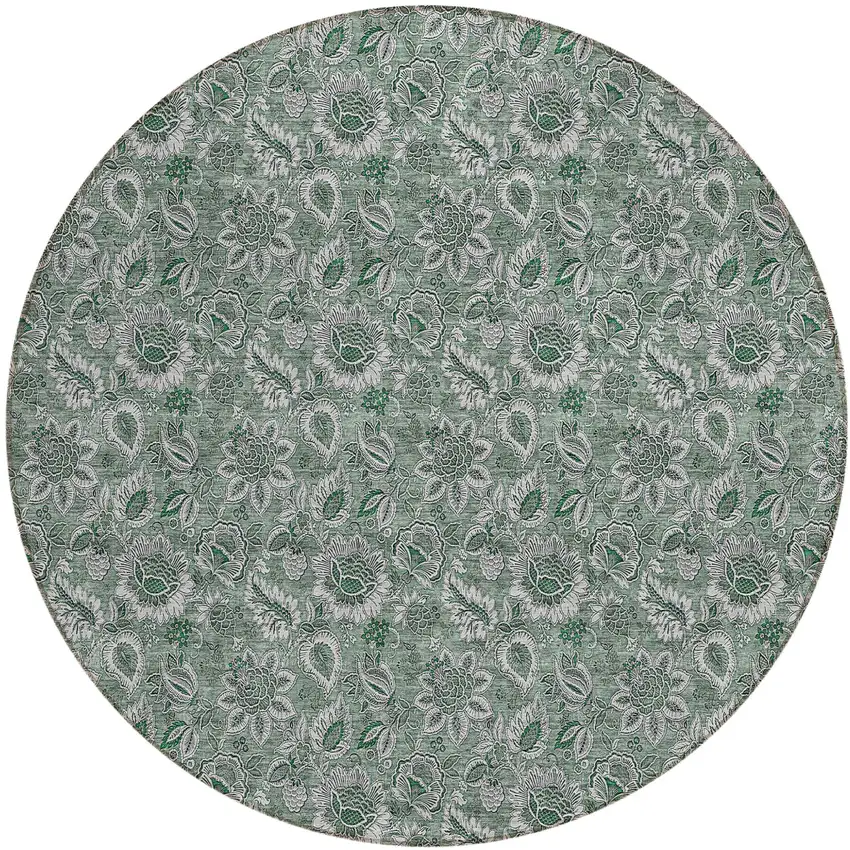 8' Sage Green And Silver Round Floral Washable Indoor Outdoor Area Rug Photo 2