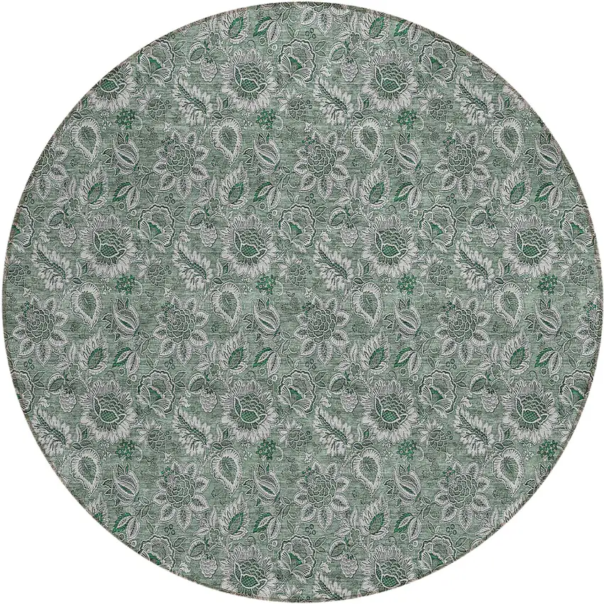 8' Sage Green And Silver Round Floral Washable Indoor Outdoor Area Rug Photo 2