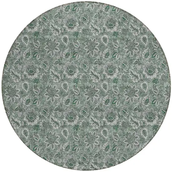 8' Sage Green And Silver Round Floral Washable Indoor Outdoor Area Rug Photo 5