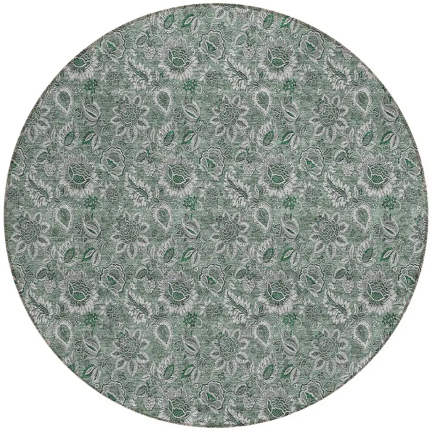 8' Sage Green And Silver Round Floral Washable Indoor Outdoor Area Rug Photo 5