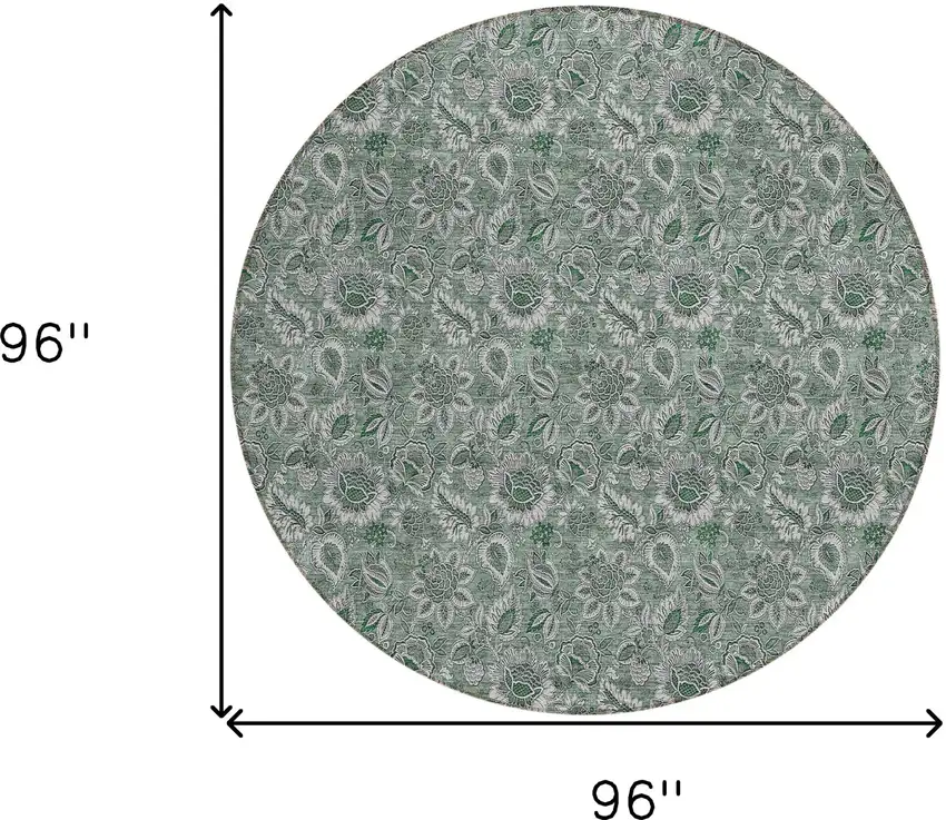 8' Sage Green And Silver Round Floral Washable Indoor Outdoor Area Rug Photo 3