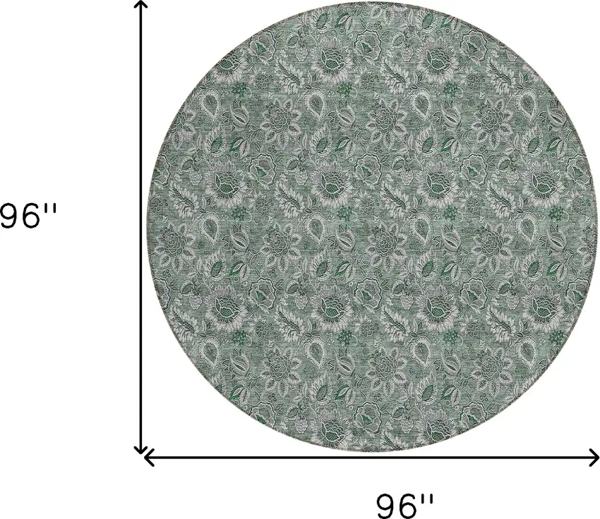 8' Sage Green And Silver Round Floral Washable Indoor Outdoor Area Rug Photo 3