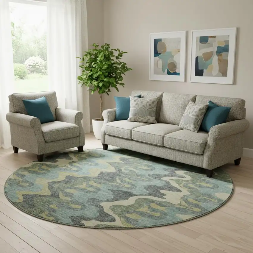 8' Sage Ivory And Beige Abstract Washable Round Rug With UV Protection Photo 1