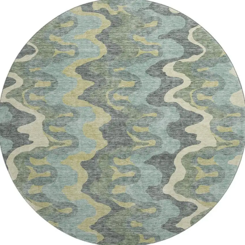 8' Sage Ivory And Beige Abstract Washable Round Rug With UV Protection Photo 4