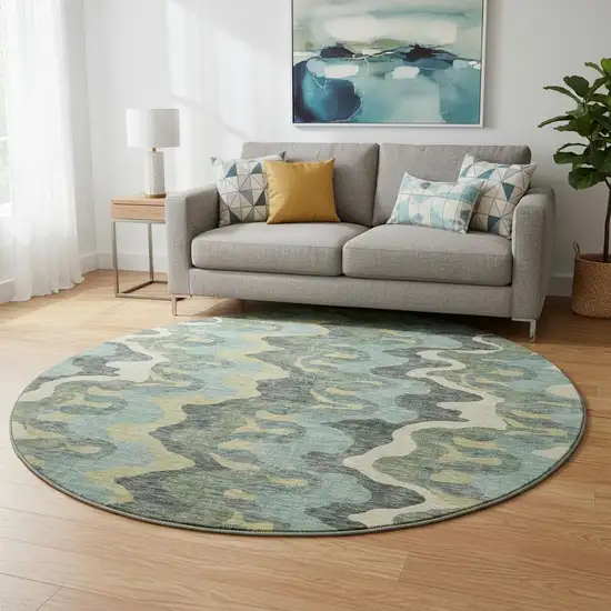 8' Sage Ivory And Beige Abstract Washable Round Rug With UV Protection Photo 2