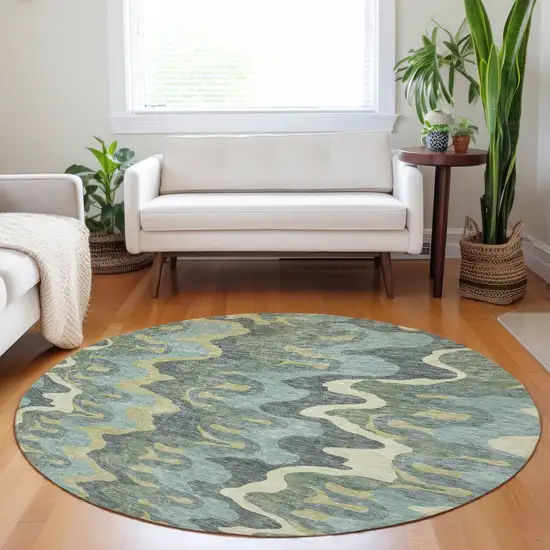 8' Sage Ivory And Beige Abstract Washable Round Rug With UV Protection Photo 5