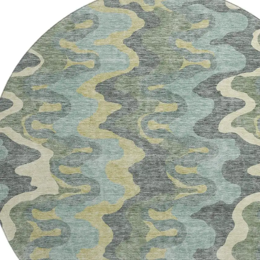 8' Sage Ivory And Beige Abstract Washable Round Rug With UV Protection Photo 3