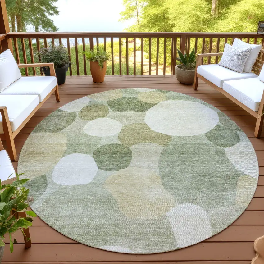 8' Sage Ivory And Beige Round Geometric Washable Indoor Outdoor Area Rug Photo 4