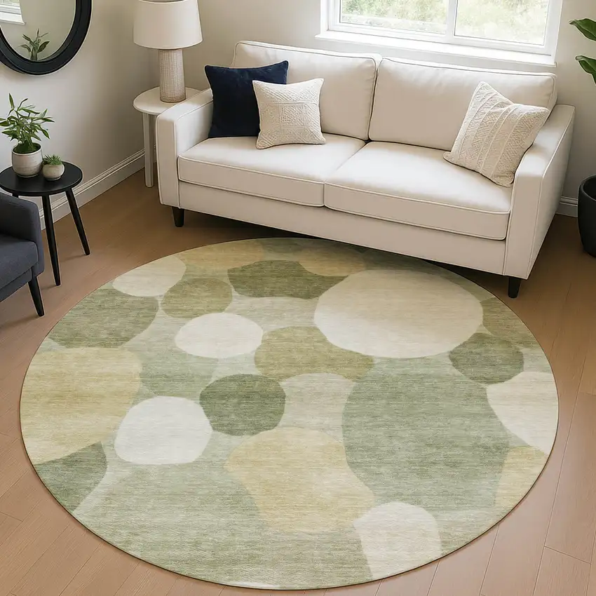 8' Sage Ivory And Beige Round Geometric Washable Indoor Outdoor Area Rug Photo 5