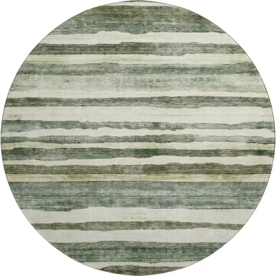 8' Sage Ivory And Beige Striped Washable Round Rug With UV Protection Photo 1